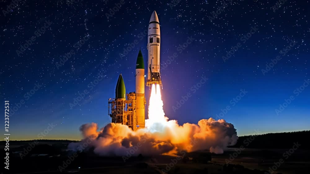 Moonlit zoom-out video of a space shuttle launching at night, a bright streak against a starry backdrop, the launch flame illuminates