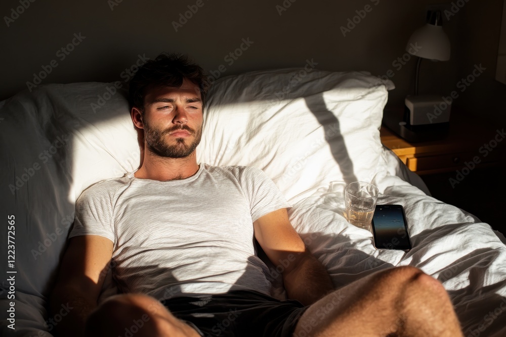 Fototapeta premium A calm man lounging on a bed, basking in soft sunlight, with a laid-back expression, capturing a moment of tranquility amidst a cozy and inviting room ambiance.