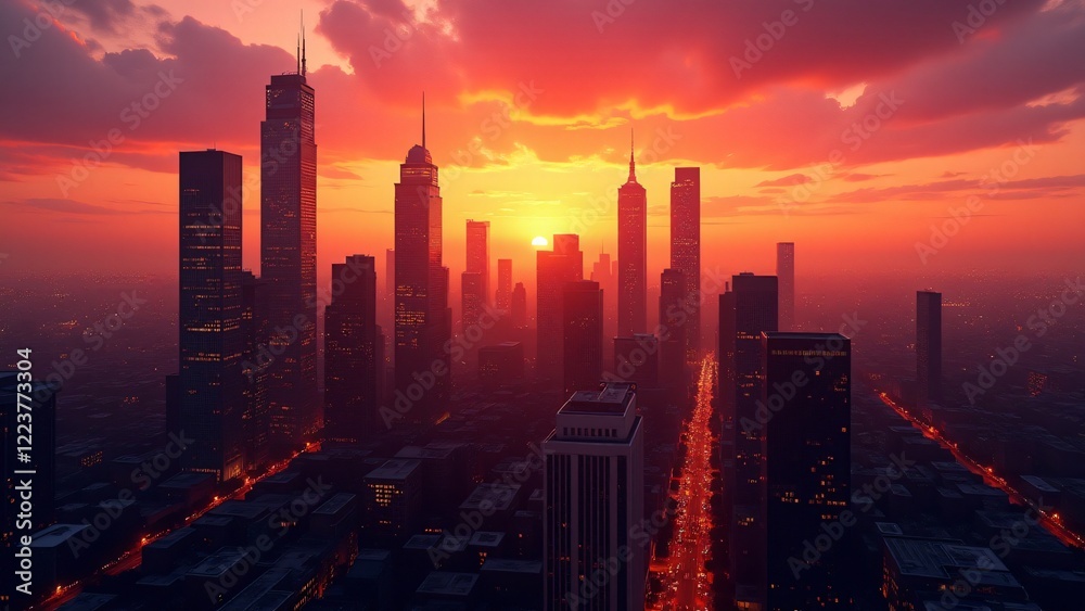 Fototapeta premium A city skyline at sunset with glowing orange and pink skies, towering skyscrapers silhouetted beautifully, and streetlights flickering on as day transitions to night.