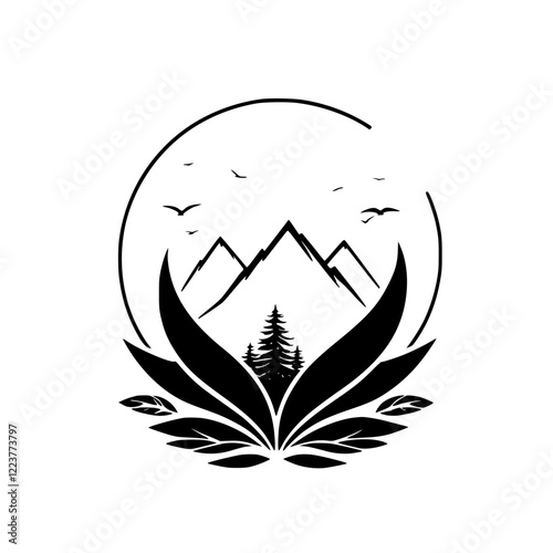 Majestic Mountain Landscape: Birds, Trees, and Sunlit Peaks. A serene nature illustration, perfect for nature lovers and design projects. photo