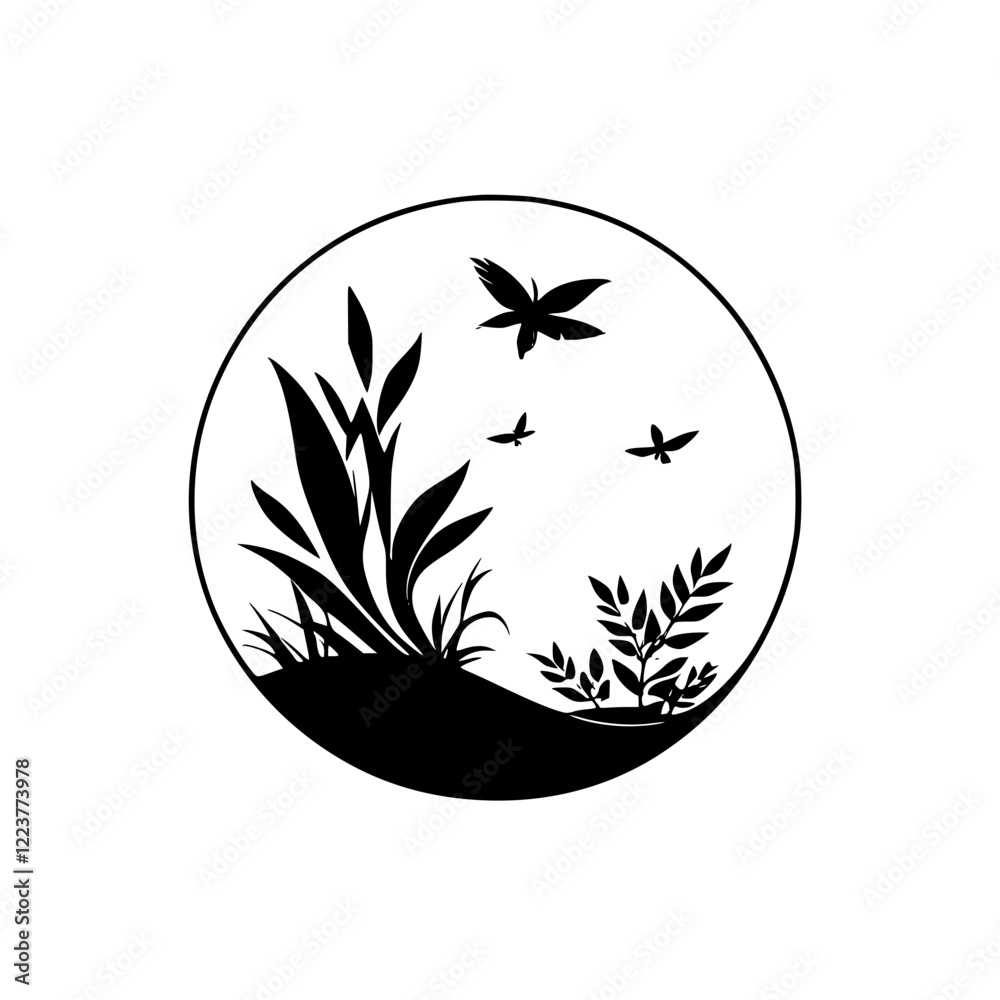 Fototapeta premium Elegant Black and White Botanical Illustration: Silhouettes of Plants and Butterflies in a Circle. Nature-inspired Design, Perfect for Print or Digital Use.