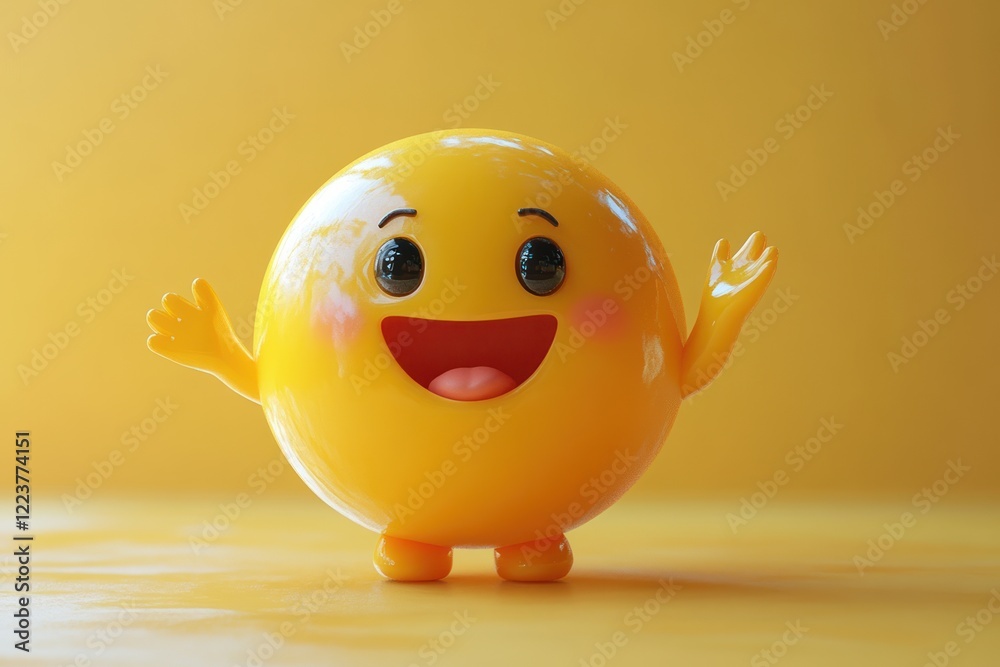 Waving Yellow Cartoon Character Smiling Cheerfully, Friendly Gesture, Cute Expression, Happy Emotion Waving Yellow Cartoon Character Smiling Cheerfully, Friendly Gesture, Cute Expression, Happy Emotion