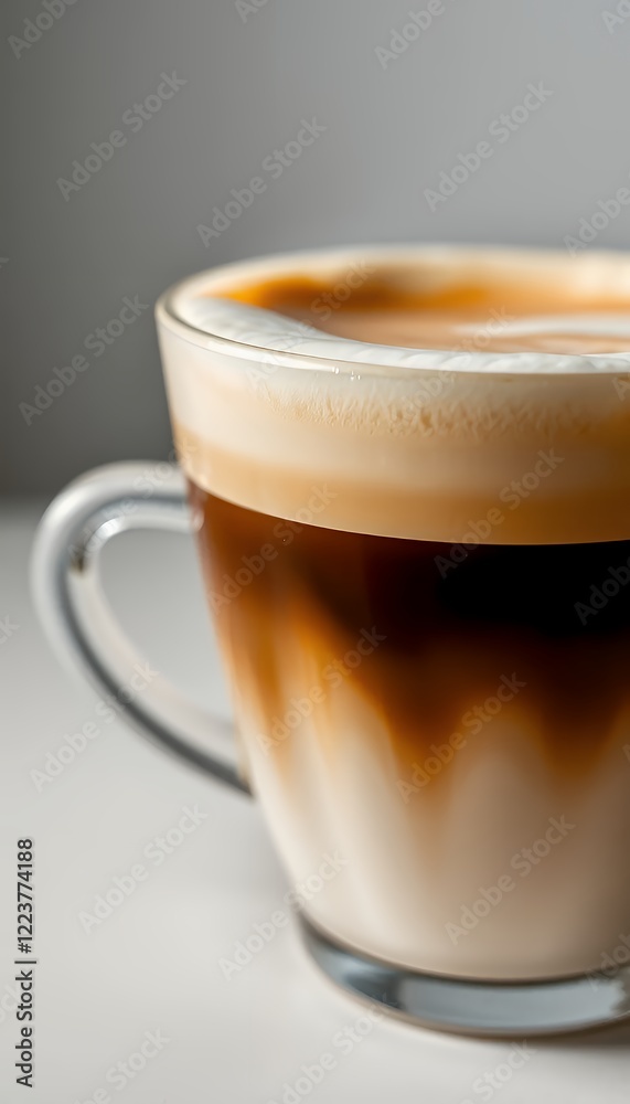 Close Up of Creamy Latte in Clear Glass Mug on White Background Close Up of Creamy Latte in Clear Glass Mug on White Background
