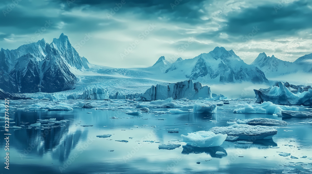 custom made wallpaper toronto digitalBeautiful glacier lagoon with icebergs and mountains. Winter Lagoon. Illustration