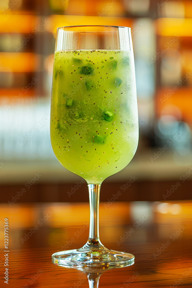Refreshing Green Cocktail with Cucumber and Basil Seeds in a Wine Glass on a Bar Top. Refreshing Green Cocktail with Cucumber and Basil Seeds in a Wine Glass on a Bar Top.