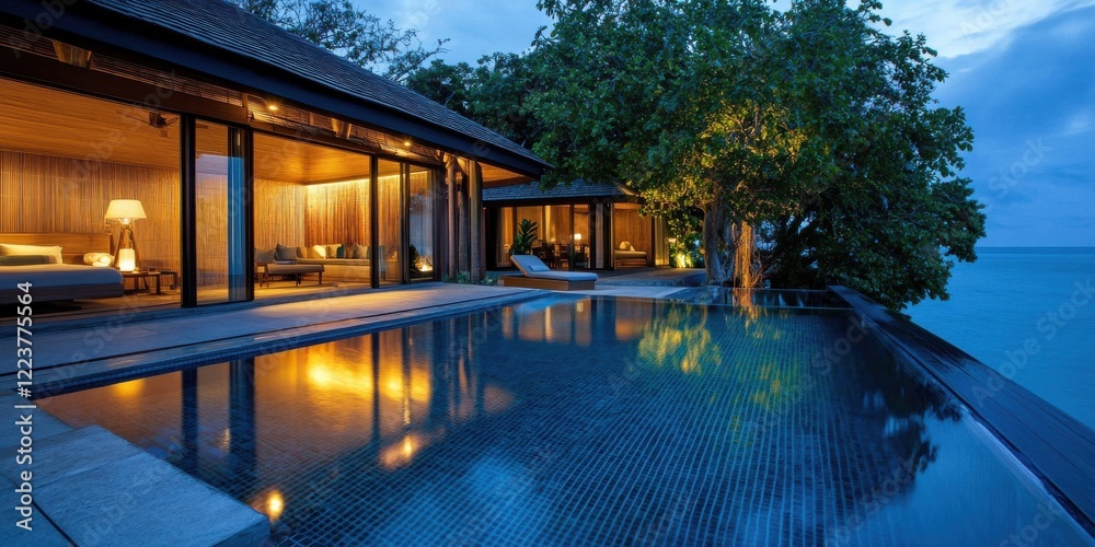 Obraz premium A luxurious villa illuminated at dusk, featuring large glass windows and an infinity pool