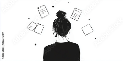 Woman brainstorming with documents in minimalist black and white
