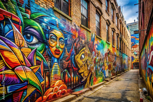 Vibrant graffiti art adorns a narrow urban alleyway, showcasing colorful murals and expressive faces.