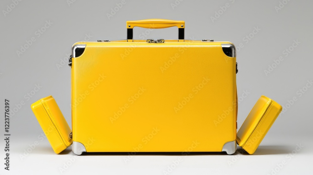 Yellow suitcase opens, revealing compartments, on a grey background; ideal for travel or packing imagery Yellow suitcase opens, revealing compartments, on a grey background; ideal for travel or packing imagery