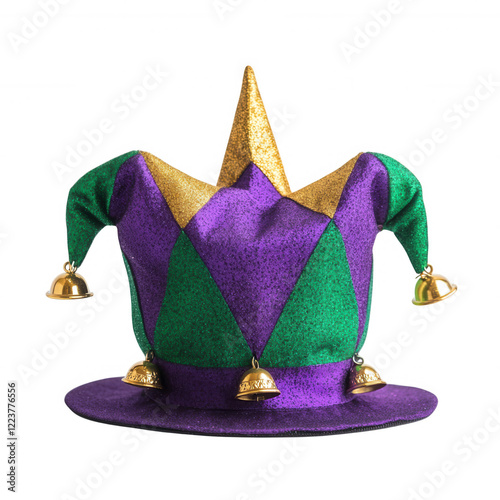 A colorful jester hat with a pointed top and decorative bells, featuring vibrant purple, green, and gold fabric patterns, Transparent Background.