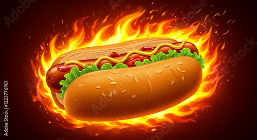 Flaming Hot Dog, Grilled Hotdog on Fire, Delicious Street Food photo