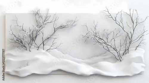 Frozen winter landscape featuring delicately arranged twigs and branches encapsulated in a thick layer of snow, showcasing nature's serene and frosty beauty. Frosty Glade. Illustration