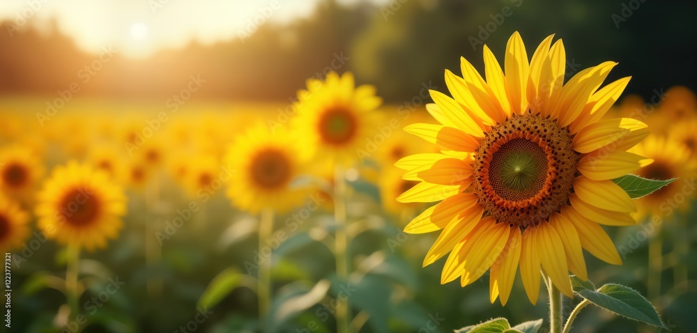 Fototapeta premium Stunning sunflower field at sunset. Close-up of vibrant yellow sunflower with blurred background of sunflowers. Warm golden light highlights flower. Beautiful summer nature scene. Perfect for