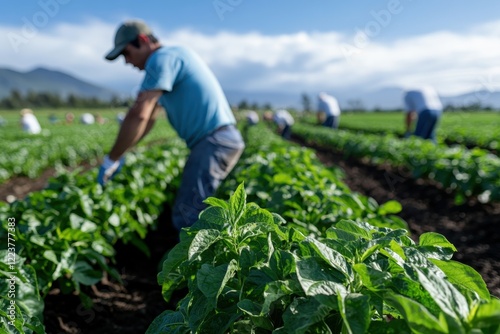 A dedicated farmer plants crops in a lush, green field under a vibrant sky, showcasing the hard work and connection to nature in agricultural life. photo