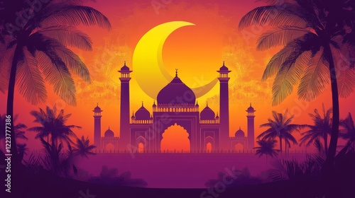 Vector illustration of Ramadan Kareem with crescent moon and mosque silhouette on a purple background, vector design for a banner or poster. The illustration features a simple gradient color, vector s photo