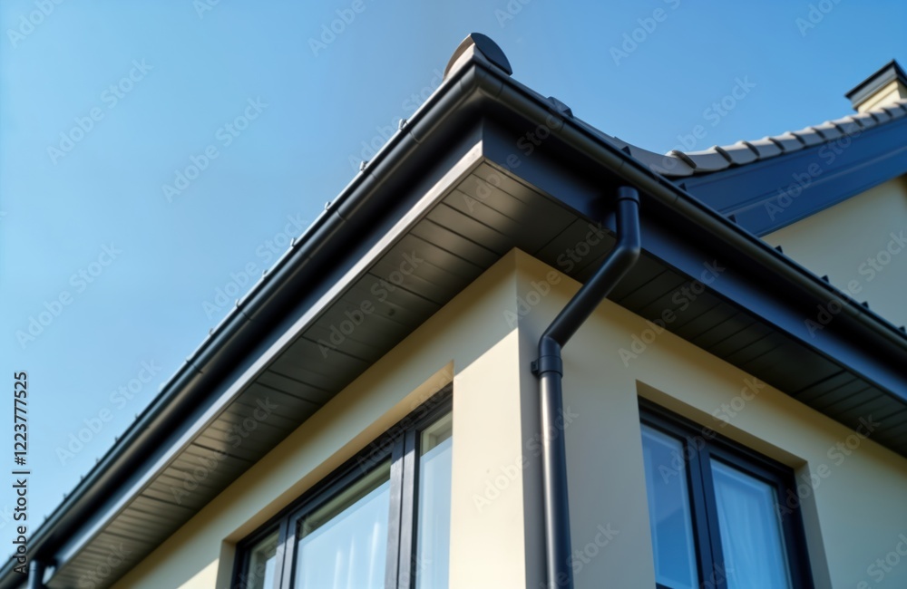 Exterior corner of house with new gray metal roof, black rain gutters. Close-up view of modern home construction elements. Professional installation of gutter system. Waterproofing details. Stylish Exterior corner of house with new gray metal roof, black rain gutters. Close-up view of modern home construction elements. Professional installation of gutter system. Waterproofing details. Stylish