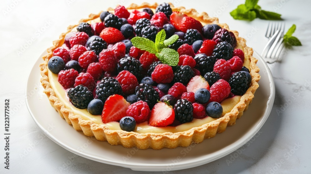 A colorful and fresh fruit tart with a buttery crust, filled with creamy custard and topped with an assortment of fresh berries, served on a white porcelain plate A colorful and fresh fruit tart with a buttery crust, filled with creamy custard and topped with an assortment of fresh berries, served on a white porcelain plate