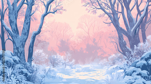 Rime-covered deciduous glade - winter wonderland. Frosty Glade. Illustration