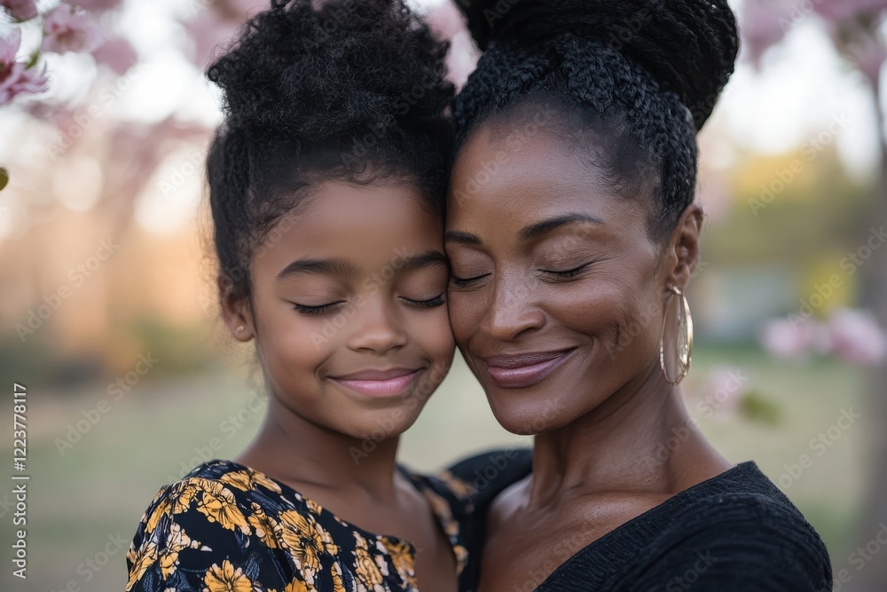 A touching scene of a mother and daughter smiling, eyes closed, exuding love against a vibrant backdrop of flowering trees in a peaceful outdoor setting. A touching scene of a mother and daughter smiling, eyes closed, exuding love against a vibrant backdrop of flowering trees in a peaceful outdoor setting.