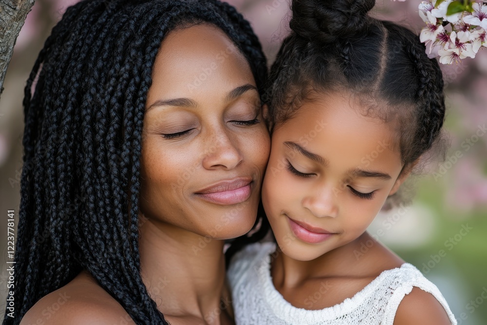 Obraz premium An intimate moment captured between a mother and her daughter, both eyes closed, radiating love and warmth amidst flowering trees, reflecting strong familial bonds.