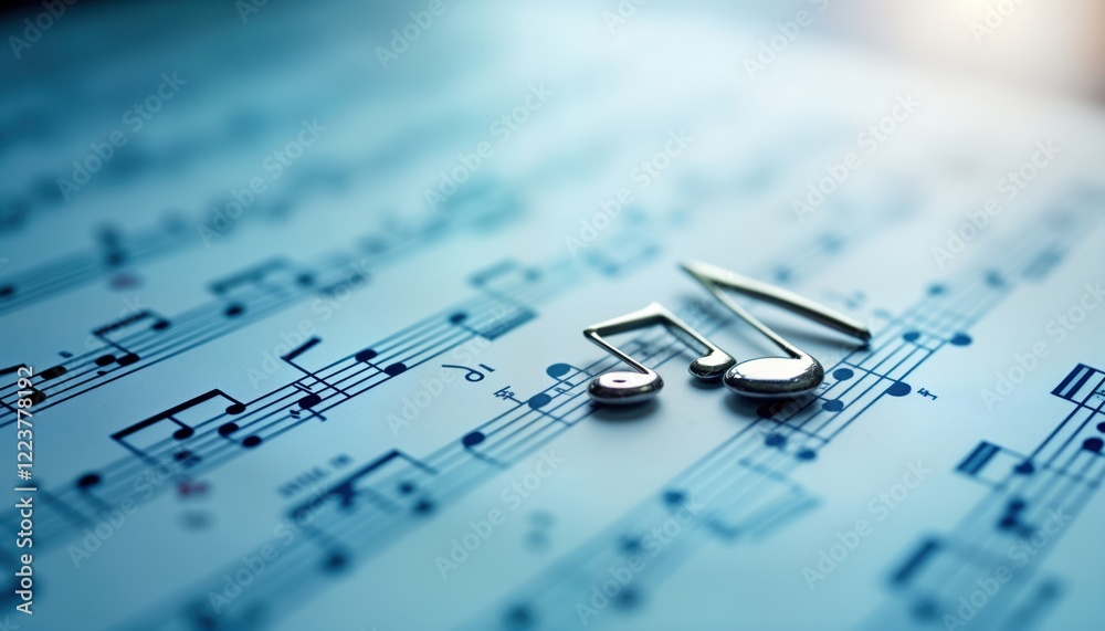 Close-up music sheet with musical notes. Sheet music background with metallic notes. Musical score composition. Musical symbols on paper. Melody, harmony, tune. Creative composing background. Elegant Close-up music sheet with musical notes. Sheet music background with metallic notes. Musical score composition. Musical symbols on paper. Melody, harmony, tune. Creative composing background. Elegant