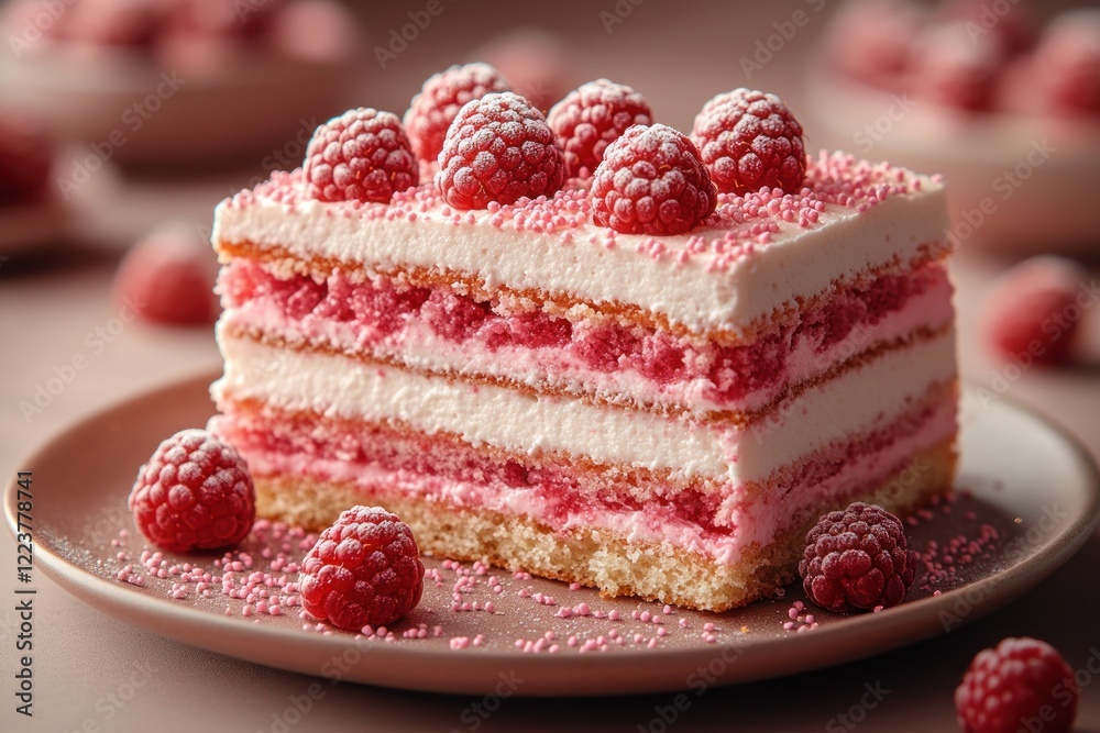 Triple Layer Cake with Raspberry and Sprinkles on Pink Background Slice of Delicious Dessert Triple Layer Cake with Raspberry and Sprinkles on Pink Background Slice of Delicious Dessert