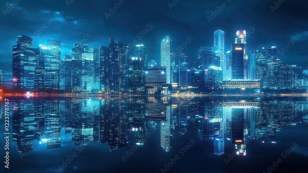 Obraz premium Nighttime Skyline Reflecting in Calm Water