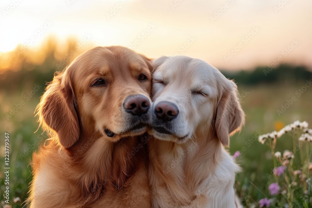 Two golden retrievers share a joyful moment, smiling at each other against a backdrop of a golden sunset, highlighting their friendship and the beauty of nature. Two golden retrievers share a joyful moment, smiling at each other against a backdrop of a golden sunset, highlighting their friendship and the beauty of nature.