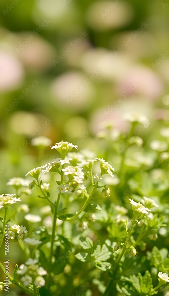 Closeup of Delicate White Flowers and Lush Green Foliage in Bright Sunlight Closeup of Delicate White Flowers and Lush Green Foliage in Bright Sunlight