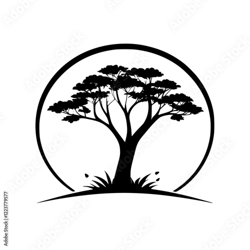 Monochrome Tree Silhouette: Elegant Nature Graphic Design. Simple, minimalist vector illustration, perfect for logo, symbol, or background image.  Circular design adds to its unique aesthetic.