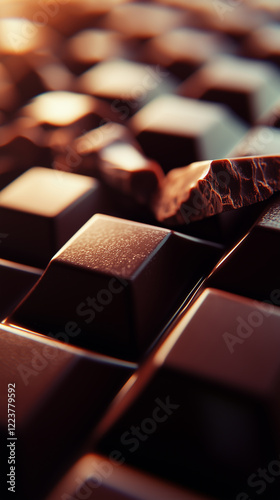Rich Dark Chocolate Squares Arranged in a Delectable Pattern in Warm Light Setting