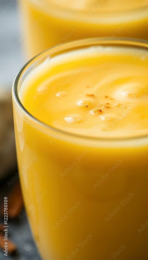 Closeup of Golden Yellow Mango Lassi in Glass Closeup of Golden Yellow Mango Lassi in Glass
