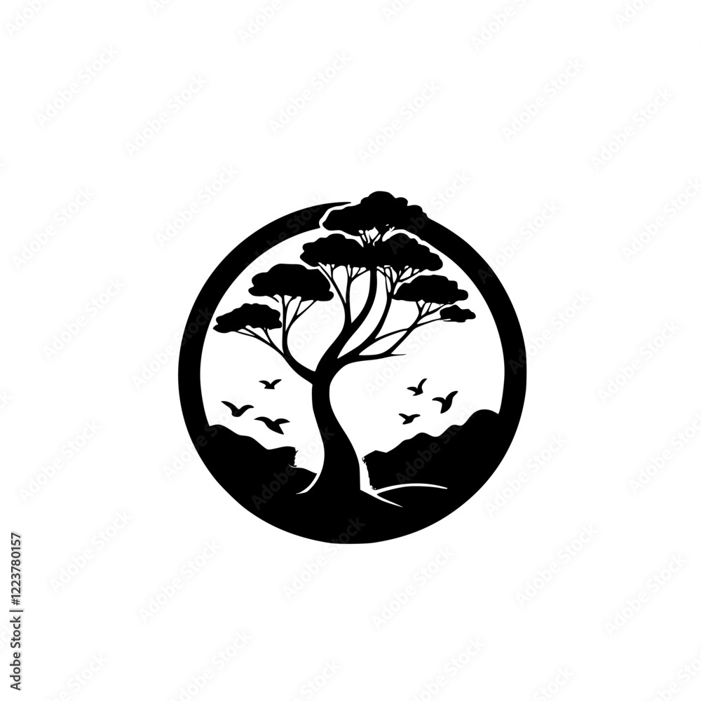 Serene Nature Scene: Minimalist Tree Silhouette with Birds and Mountains. Peaceful landscape, zen art, nature illustration, simple design, vector graphic. Serene Nature Scene: Minimalist Tree Silhouette with Birds and Mountains. Peaceful landscape, zen art, nature illustration, simple design, vector graphic.