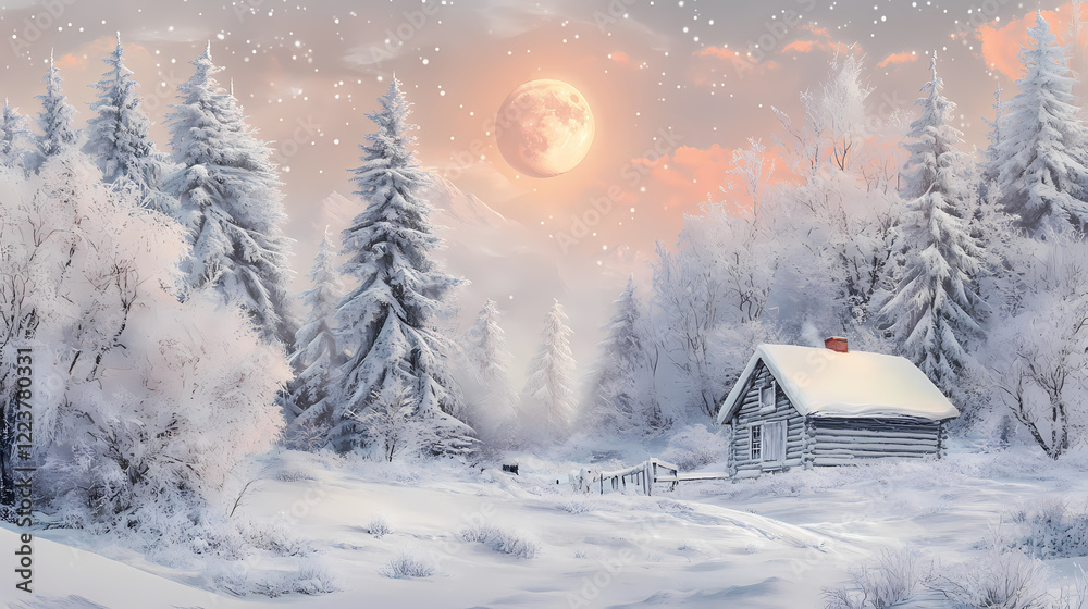 Naklejka premium A serene winter landscape featuring a cozy cabin surrounded by snow-covered trees and a bright, glowing moon in the sky. Frosty Glade. Illustration