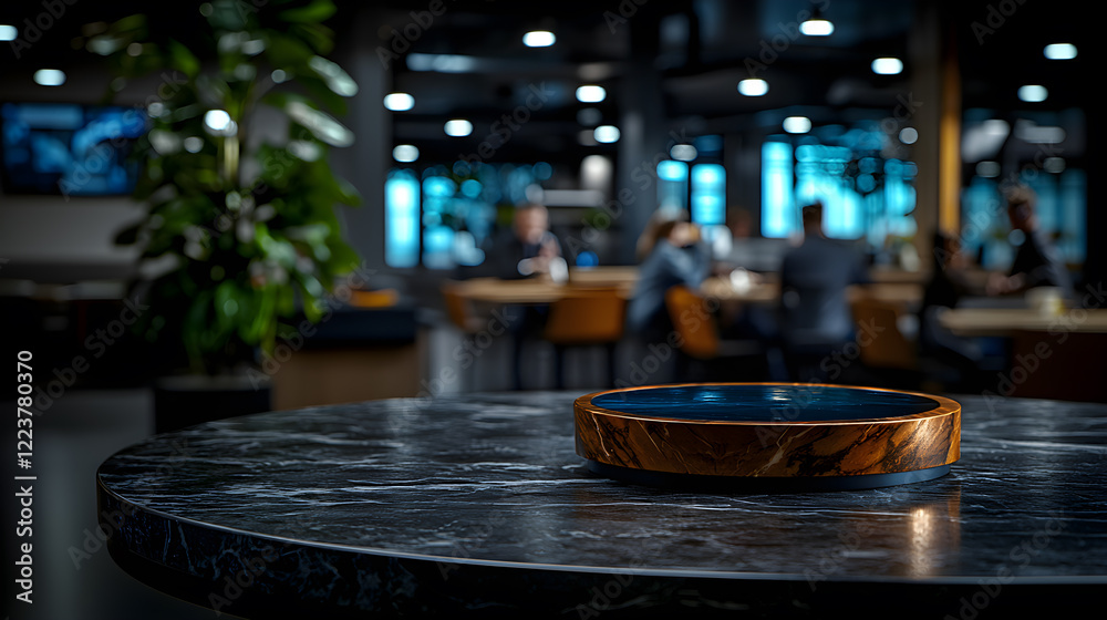 Obraz premium A table with a small object on it in a room with people sitting at tables