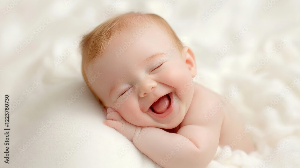 Happy baby laughing on soft blanket, studio shot. Ideal for greeting cards, websites Happy baby laughing on soft blanket, studio shot. Ideal for greeting cards, websites