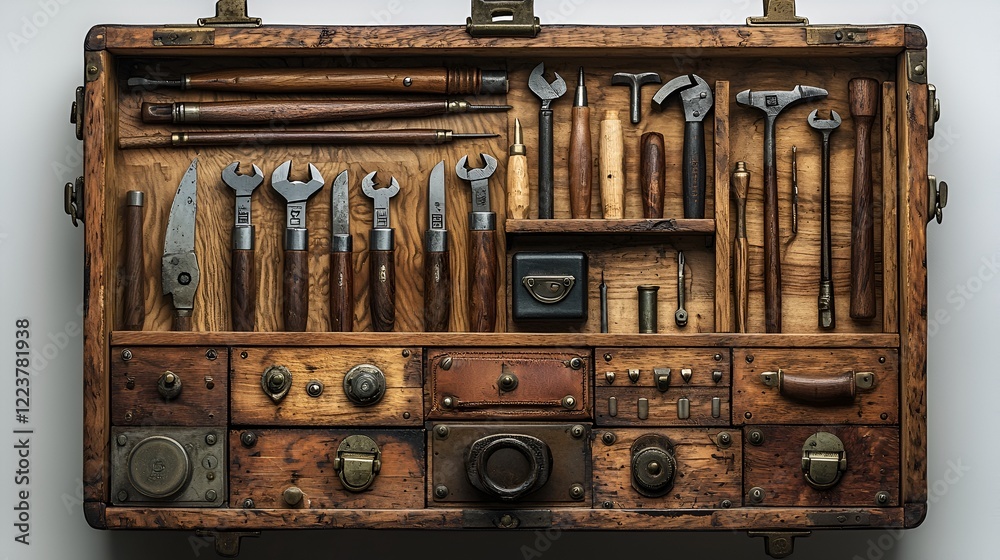 Antique tools organized in wooden box, workshop background, craft supplies, hobby Antique tools organized in wooden box, workshop background, craft supplies, hobby