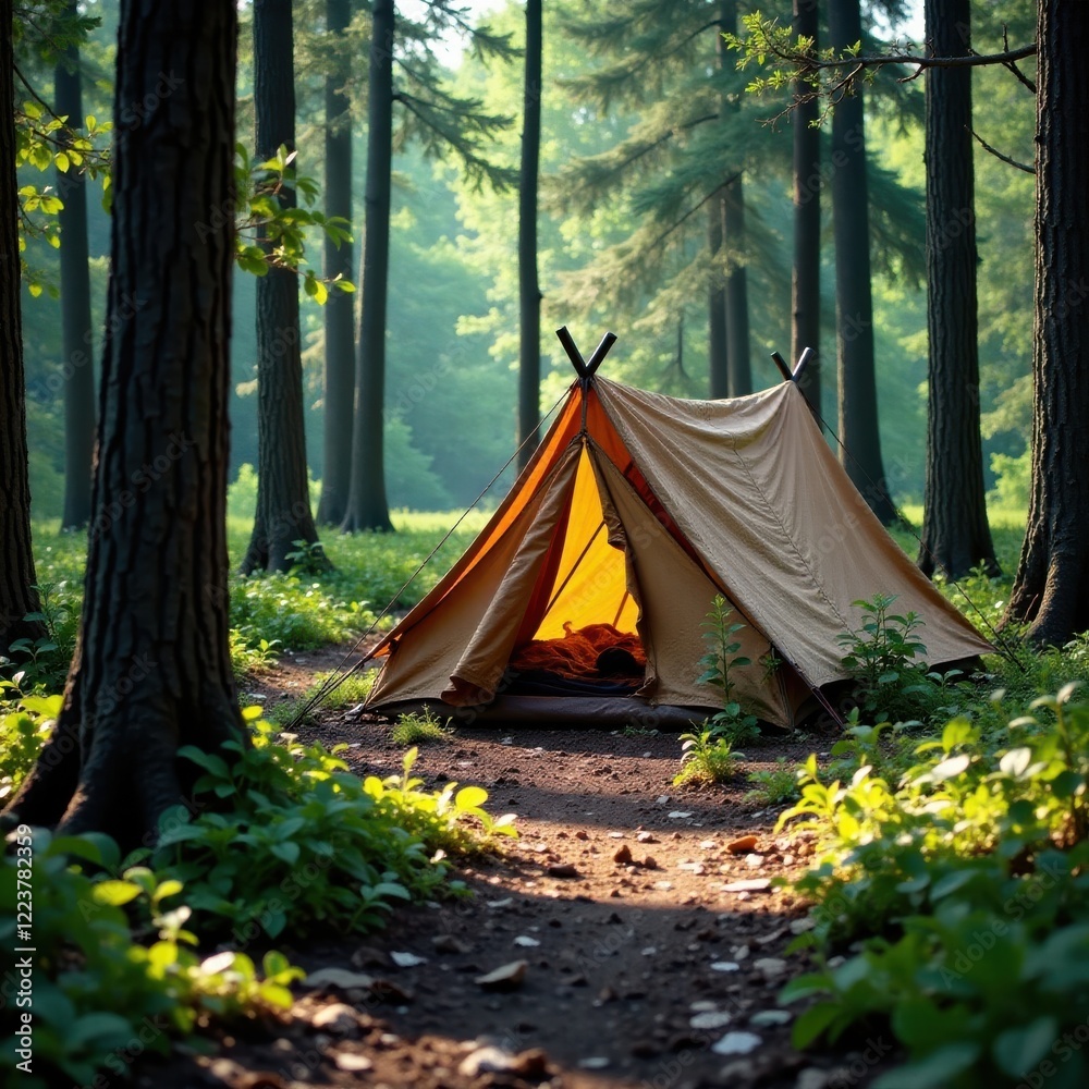 Abandoned campsite with old tent and rusty gear in the woods, gear, overgrown, tent Abandoned campsite with old tent and rusty gear in the woods, gear, overgrown, tent