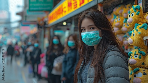 Ai generate urban lifestyle event featuring masked individuals in a vibrant street scene photo