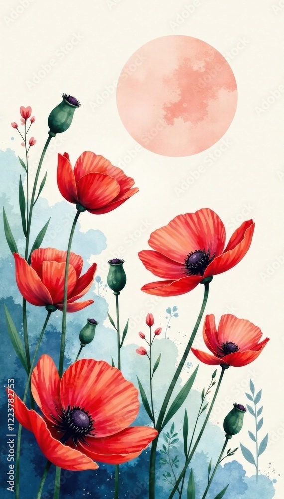 Fototapeta premium Abstract watercolor poppy flowers arrangement, poppies, bouquet