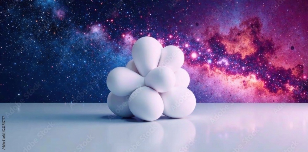 Fototapeta premium Abstract white shape set against a stylized galaxy backdrop, background, astronomy