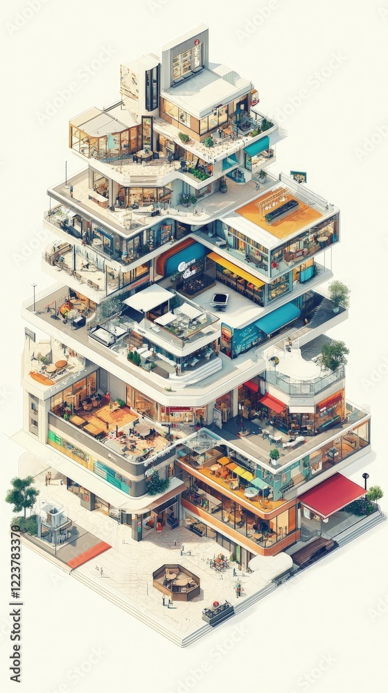A Multi-Level Architectural Marvel: An Isometric View of a Modern City Complex. A Multi-Level Architectural Marvel: An Isometric View of a Modern City Complex.