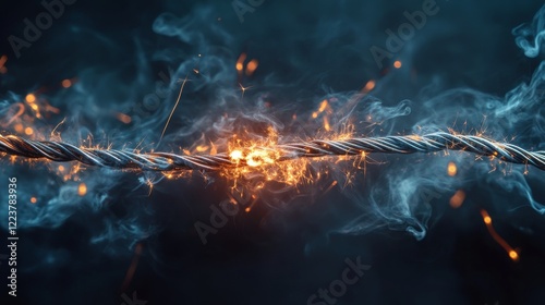Close-Up of Frayed Electrical Wires Sparking with Smoke on Dark Background