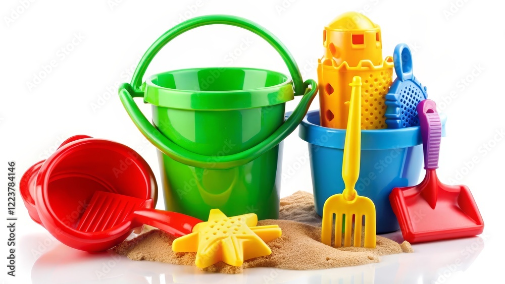 Colorful Plastic Beach Toys and Sand Pile Colorful Plastic Beach Toys and Sand Pile