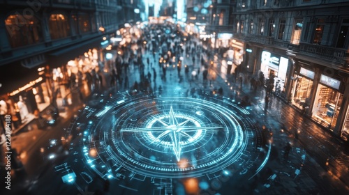 A floating holographic compass with arrows denoting increasing and decreasing interest rates hovers over a bustling market square reflecting the guiding principles of economic navigation