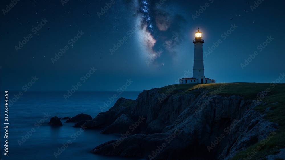 A glowing lighthouse on a rocky cliff under a vibrant starry sky, with ocean reflections and the Milky Way above. A glowing lighthouse on a rocky cliff under a vibrant starry sky, with ocean reflections and the Milky Way above.