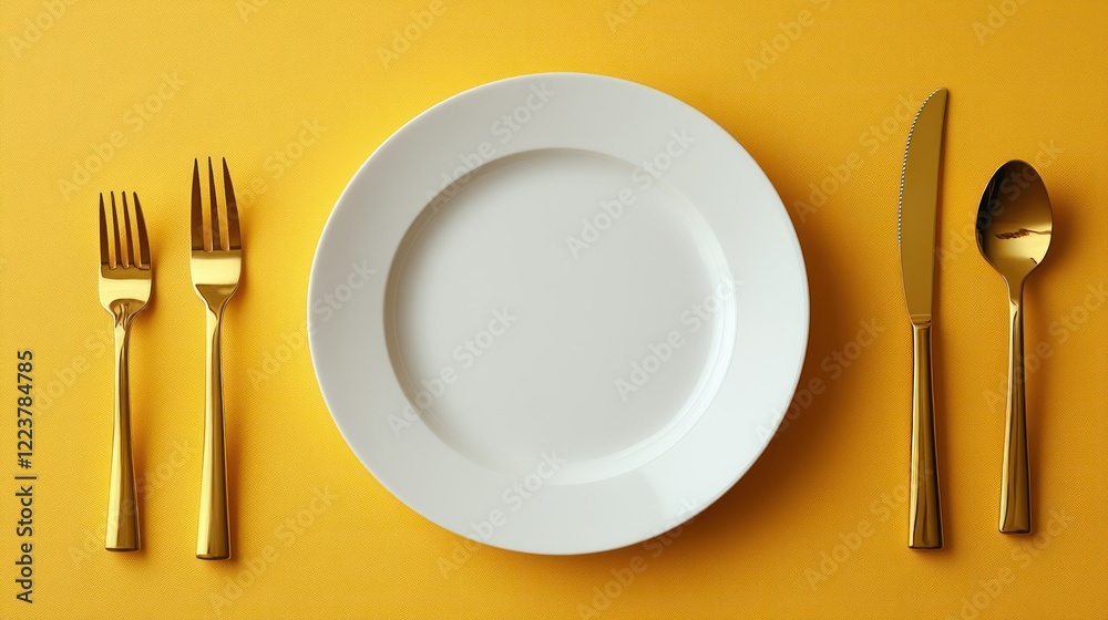 Minimalist Still Life of White Plate Fork and Knife on Vibrant Yellow Background with Copy Space Minimalist Still Life of White Plate Fork and Knife on Vibrant Yellow Background with Copy Space