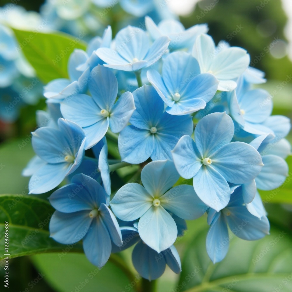 Close-up of blooming hydrangea with delicate petals and soft blue hue, blooming flowers, blue flowers, flower close-up Close-up of blooming hydrangea with delicate petals and soft blue hue, blooming flowers, blue flowers, flower close-up