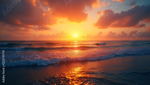 A golden sunset over the ocean with shimmering reflections on the water, transitioning from fiery orange to soft purple and blue hues.