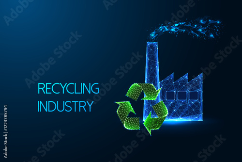 Recycling industry concept with glowing polygonal factory and green recycling symbol on dark blue 